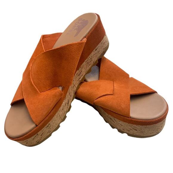 SOREL Sandal Cameron Flatform Mule Suede Orange SZ 7.5 - Picture 1 of 7